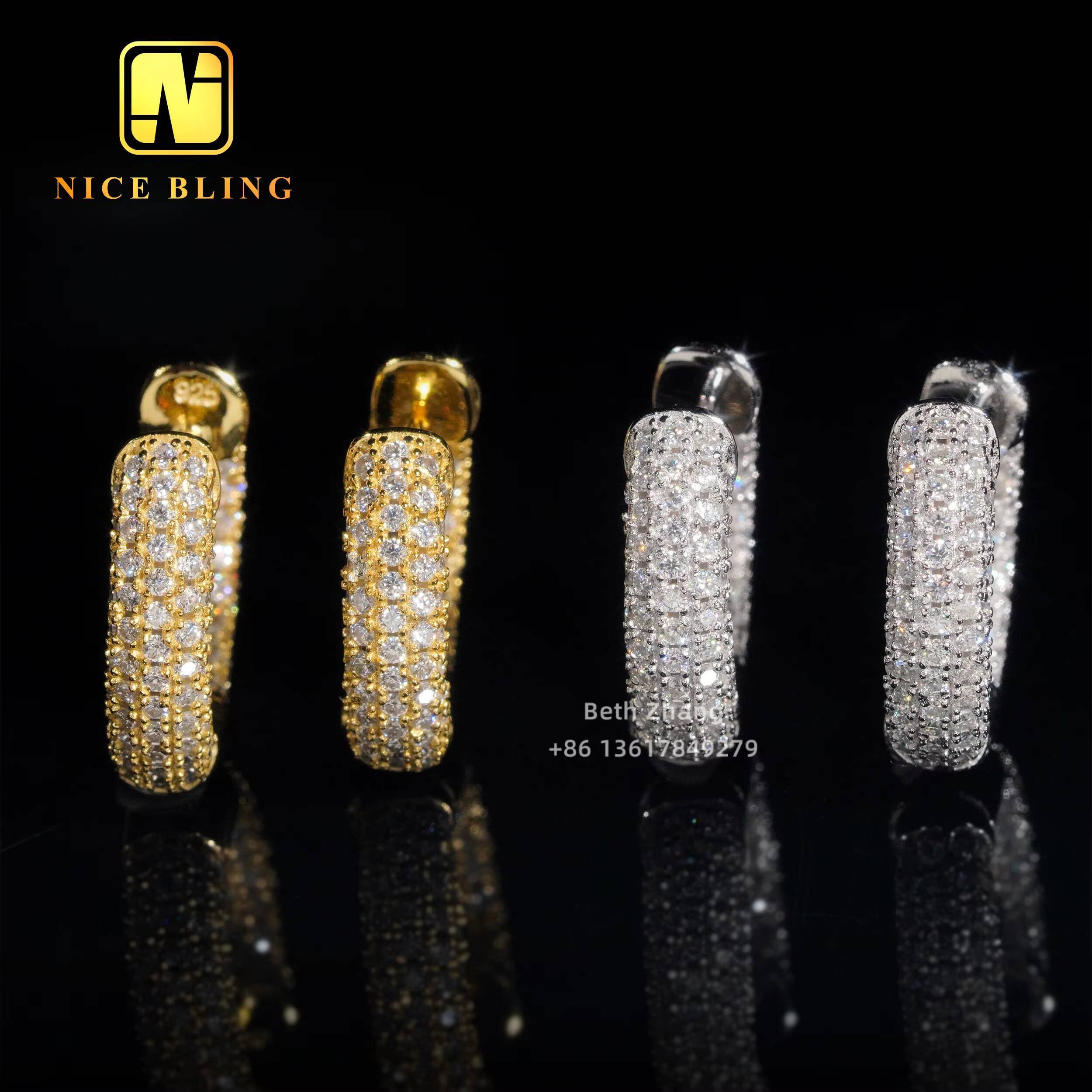 RTS Iced Out Moissanite Diamond Earrings 925 Silver Jewelry Trendy Hip Hop Hoop Ear Rings 3 Rows Diamonds for Men Women