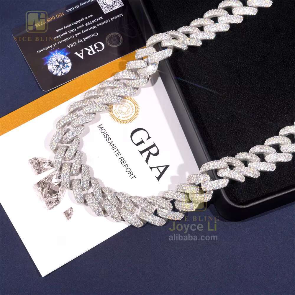Fine Jewelry Mens Iced Out Jewelry Three Rows 20mm Silver 925 Moissanite Hip Hop Jewelry Cuban Link Chain Men Necklace