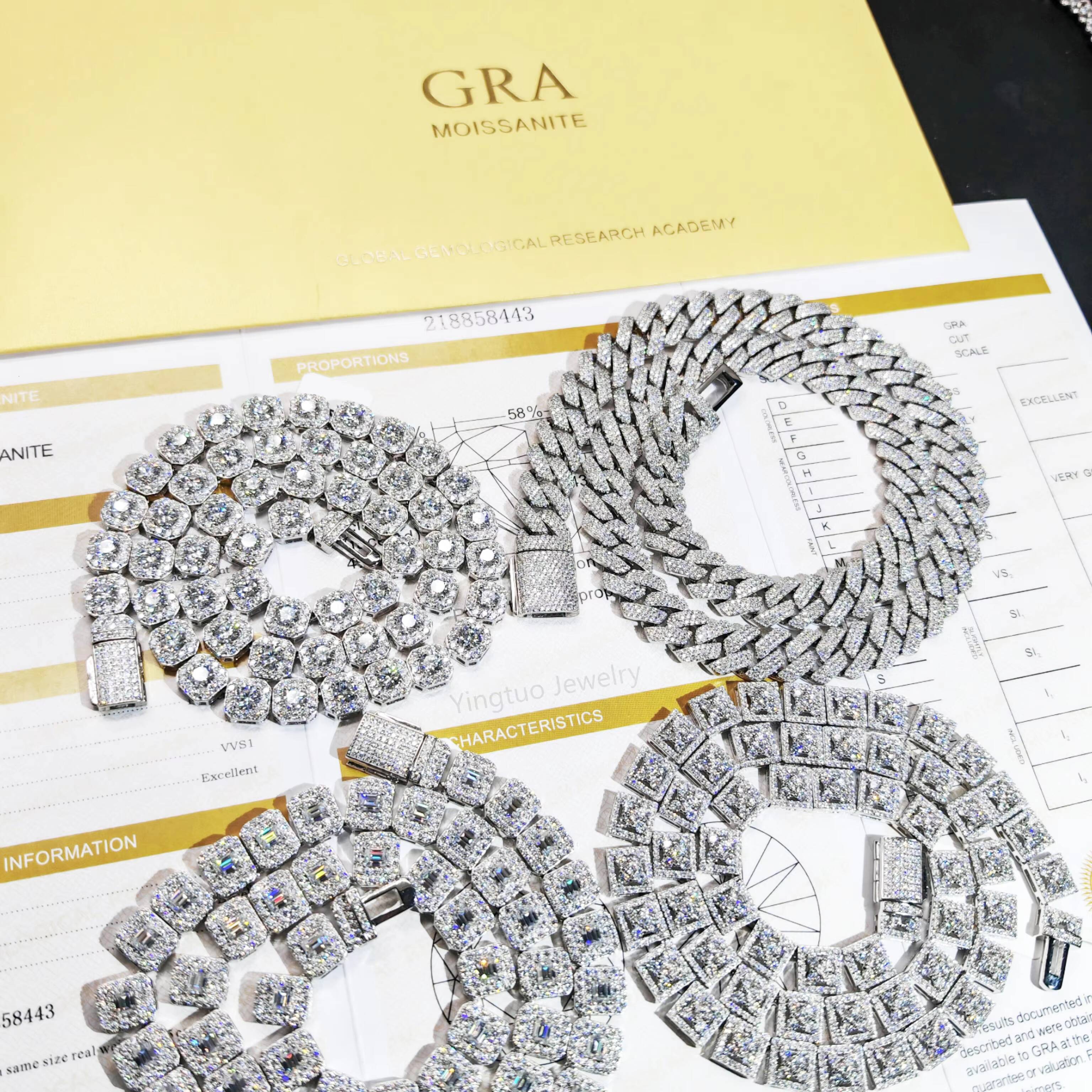 925 Silver Ice Cut D VVS Moissanite Tennis Chain Necklace Bracelet Hiphop Cuban Link Chain with GRA Certification