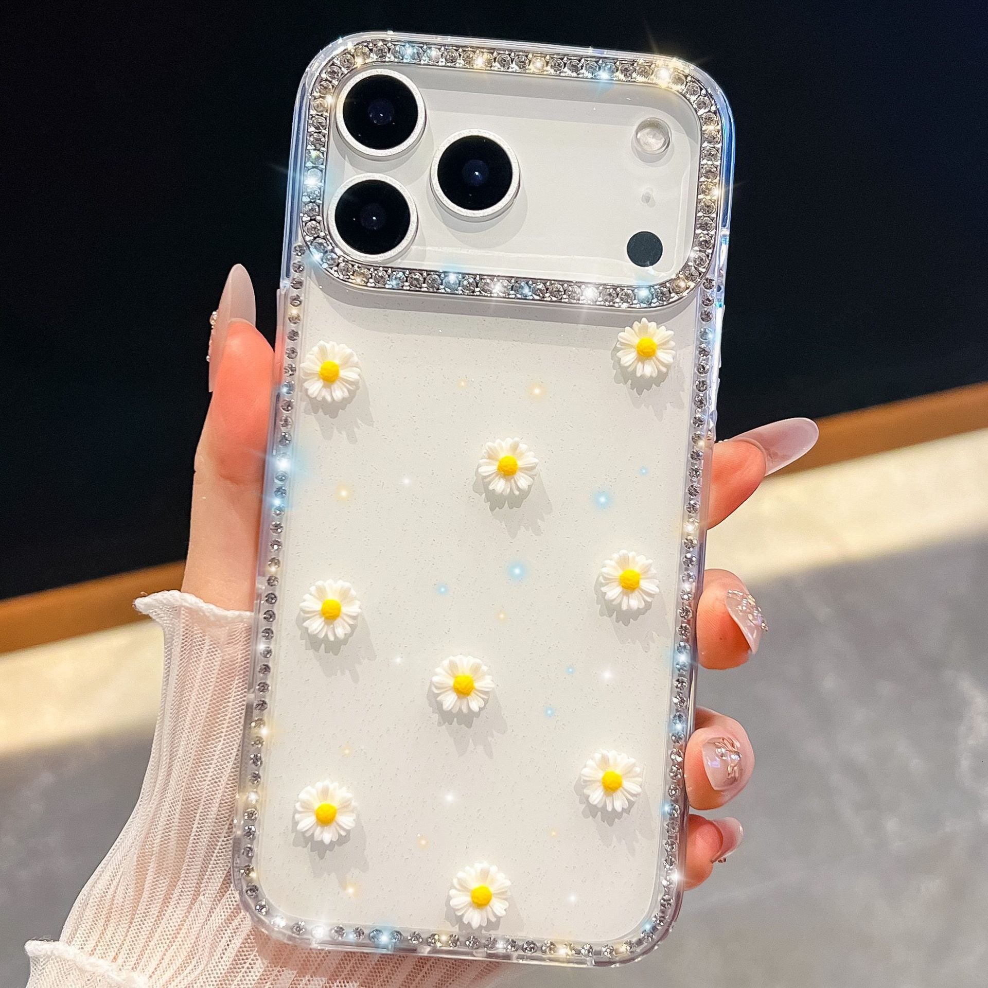 Small Daisy Phone Case iPhone 17 Pro Max Luxurious Sparkling Compatible Diamond Glitter Transparent Case with Apple 16/15/14 Pro