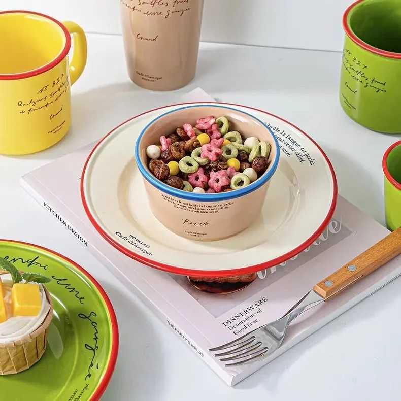 Luxury Korean Retro French Letter Ceramic Disc Graffiti Dessert Breakfast Pasta Creative Kitchen Supplies Food Photography Plate Y251129