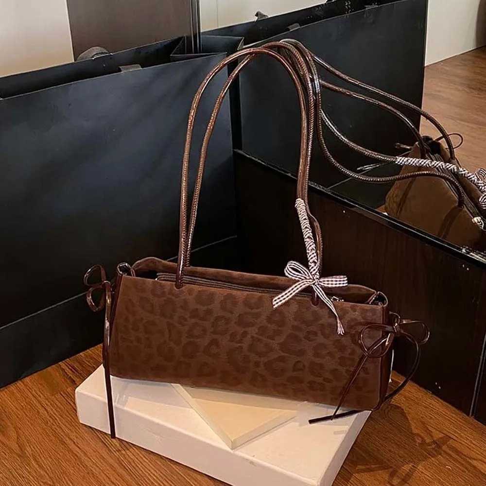 Sweet French Stick Handbag Large Capacity Korean Style Leopard Print Underarm Bags Waterproof Bow Ribbon PU Shoulder Bag School K251128