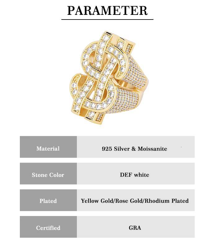 Hailer Joyas Hiphop 925 Sterling Silver Men Jewellery Dollar Sign Moissanite Diamond Ring for Men
