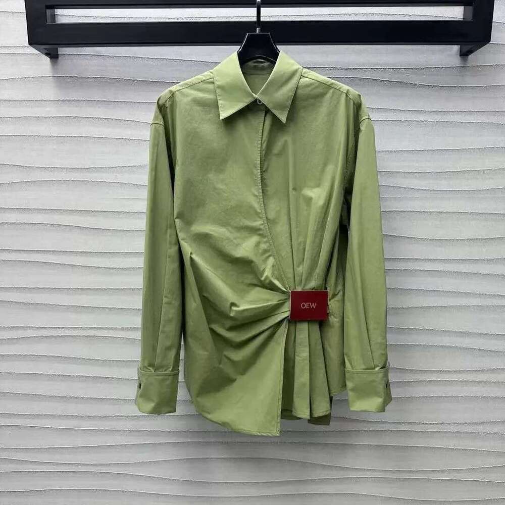 25 Spring And Summer New Long Sleeve Waist Shirt Women Irregular Lacing Leather Label Design Slim Temperament Blouse