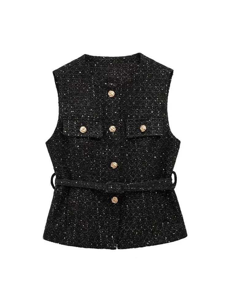 Womens Tweed Waistcoat with Belt O Neck Sleeveless Front Button Female Outerwear Chic Tops FashionT251129