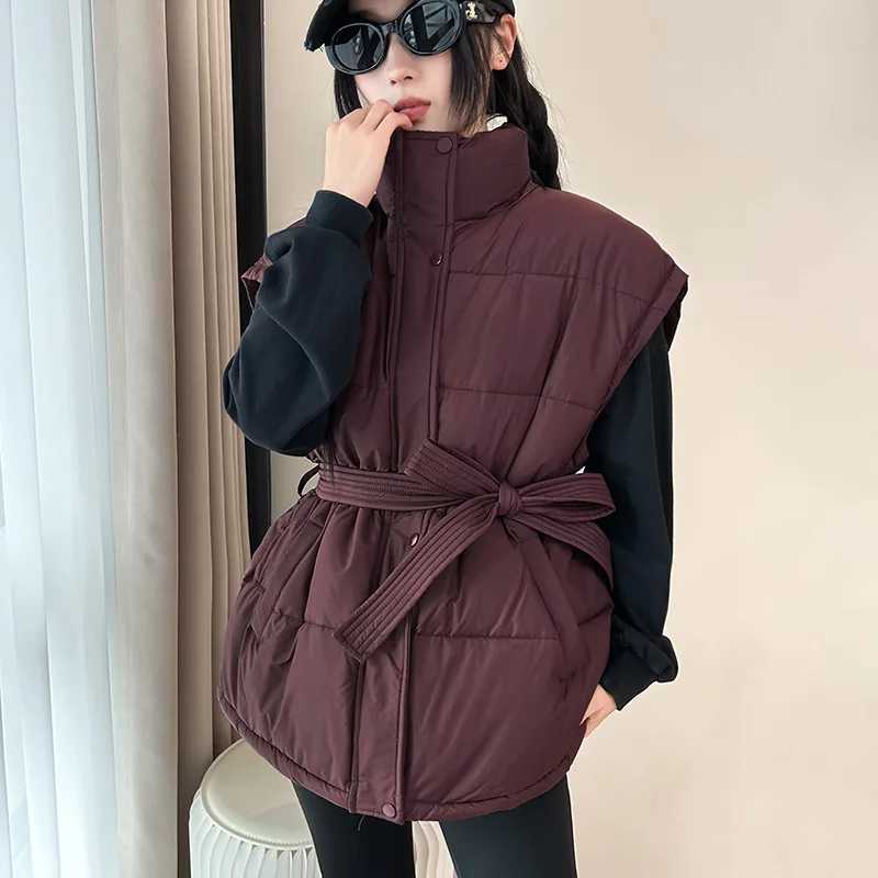 Chic Autumn Winter Thiened Cotton Puffer Vest Womens Faion Stand Collar Single Button Vest Waist Cinched Outerwear JacketT251129