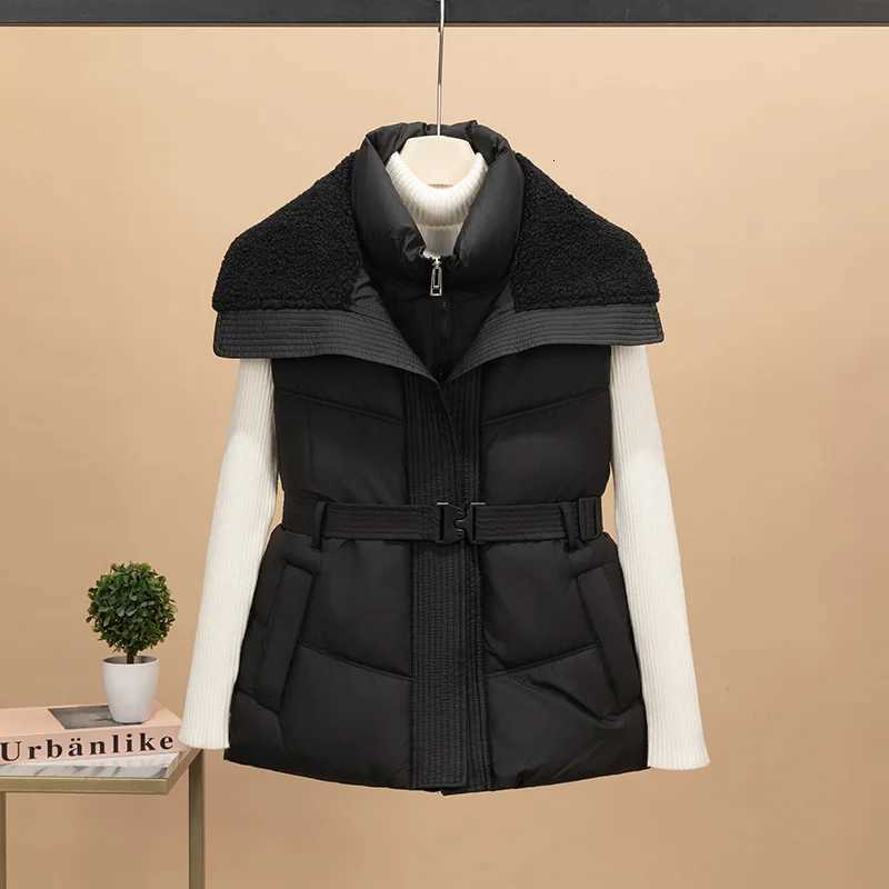 Fashion Stand Up Collar Zipper Waistcoat Warm Sleeveless Quilted Coats Autumn Winter Belt Slim Cotton Jacket Vest for WomenT251129