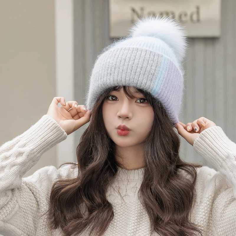 2025 New Rabbit Fur Beanies Soft Warm Fluffy fur pompom Winter Hat for Women Angora Knitted Hat Skullies Female Bonnet Knit CapXJ251129
