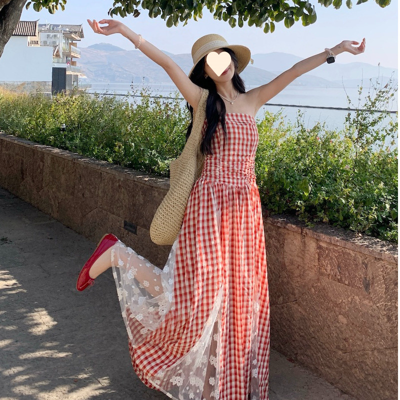 D721French holiday plaid lace stitching heavy tube top dress summer temperament waist slimming high-end feeling