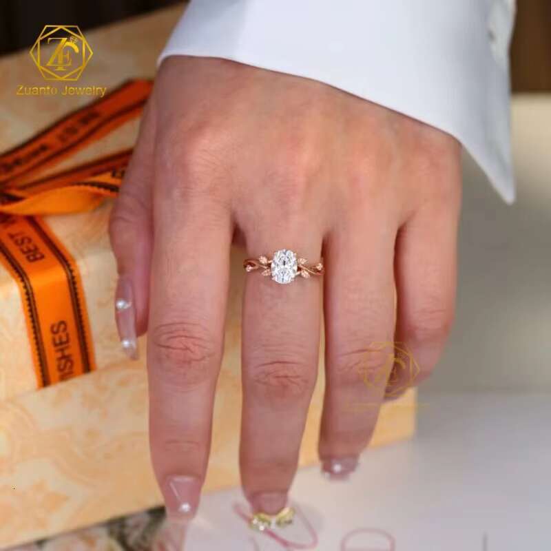 Custom Leaf Style 10K 14K 18K Real Rose Gold Gra Certified 1.5 ct 6x8mm Oval Moissanite Engagement Wedding Ring for Women