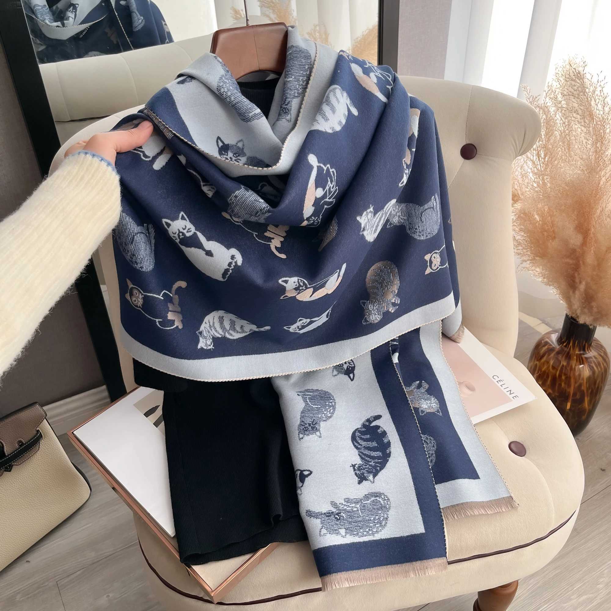 Latest Animal Jacquard Kitty Scarf Imitation Cashmere Soft Warm Fringe Shawl Autumn Winter Coldproof Windproof Blanket ScarfJ251129