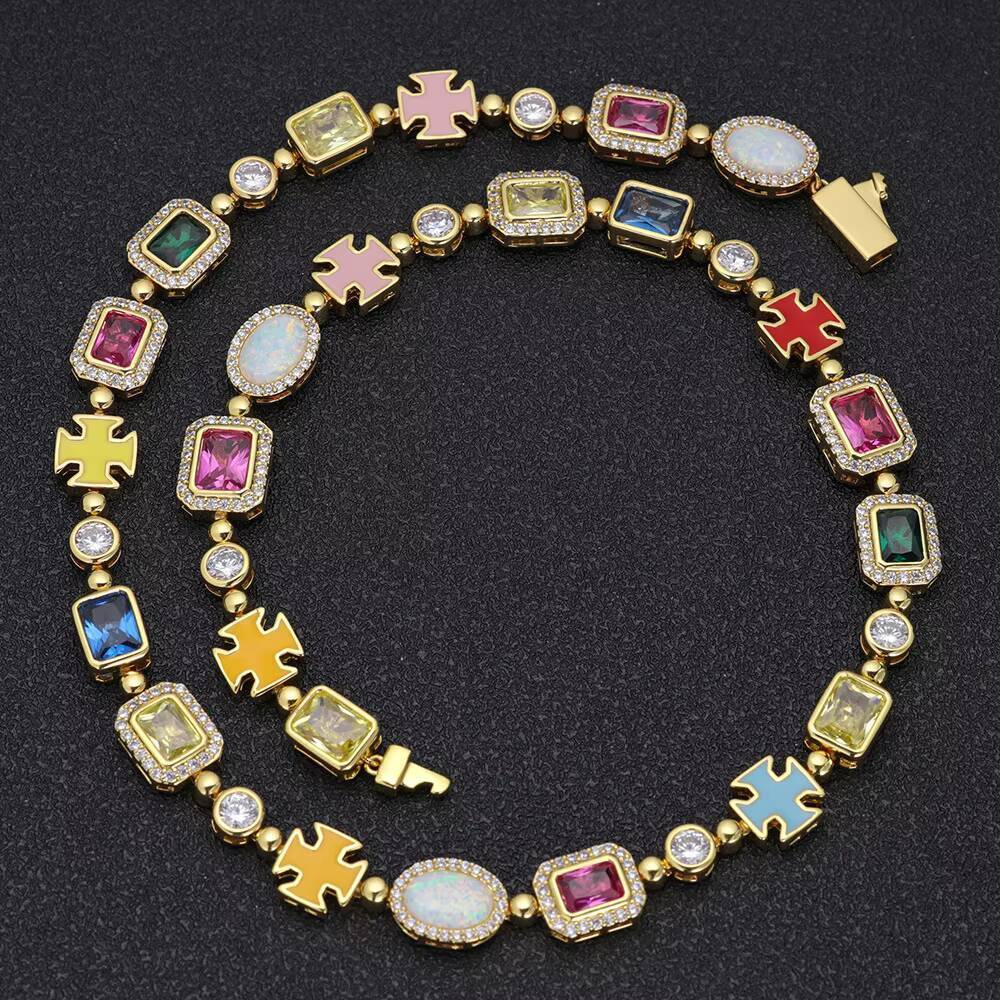 Hip Hop Colourful Gem High End Iced Out CZ Zircon Tennis Chain Waterproof Non Tarnish Free Fashion Jewelry Necklaces Wholesale