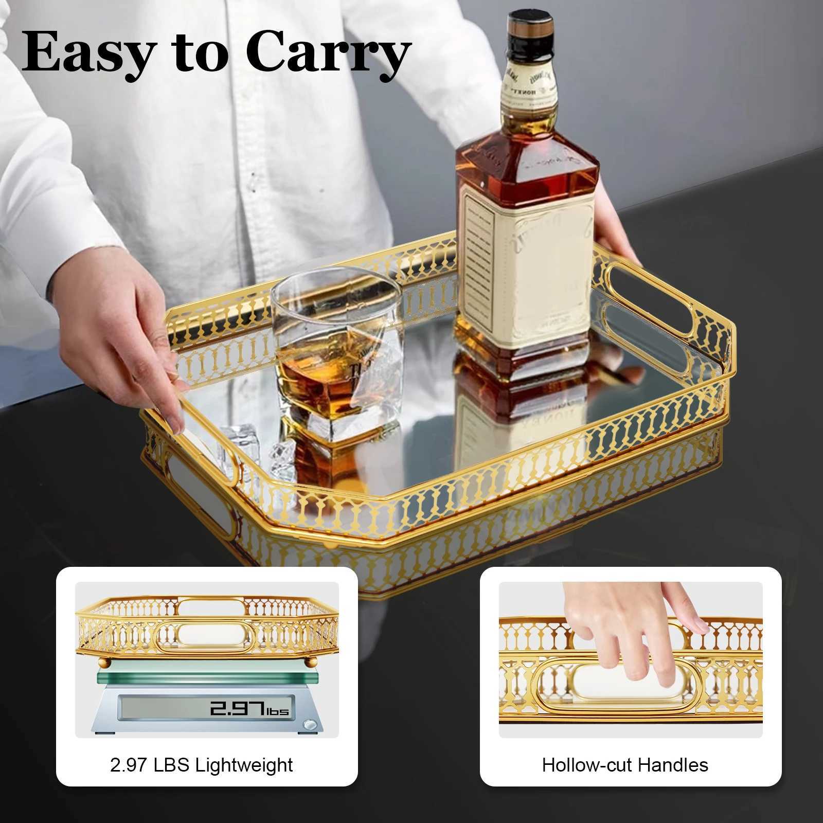 Vintage Octagon Mirror Glass Tray Bedroom Vanity Dresser Cosmetic Perfume Holder Gold Tabletop Home Decorative Tray Y251129