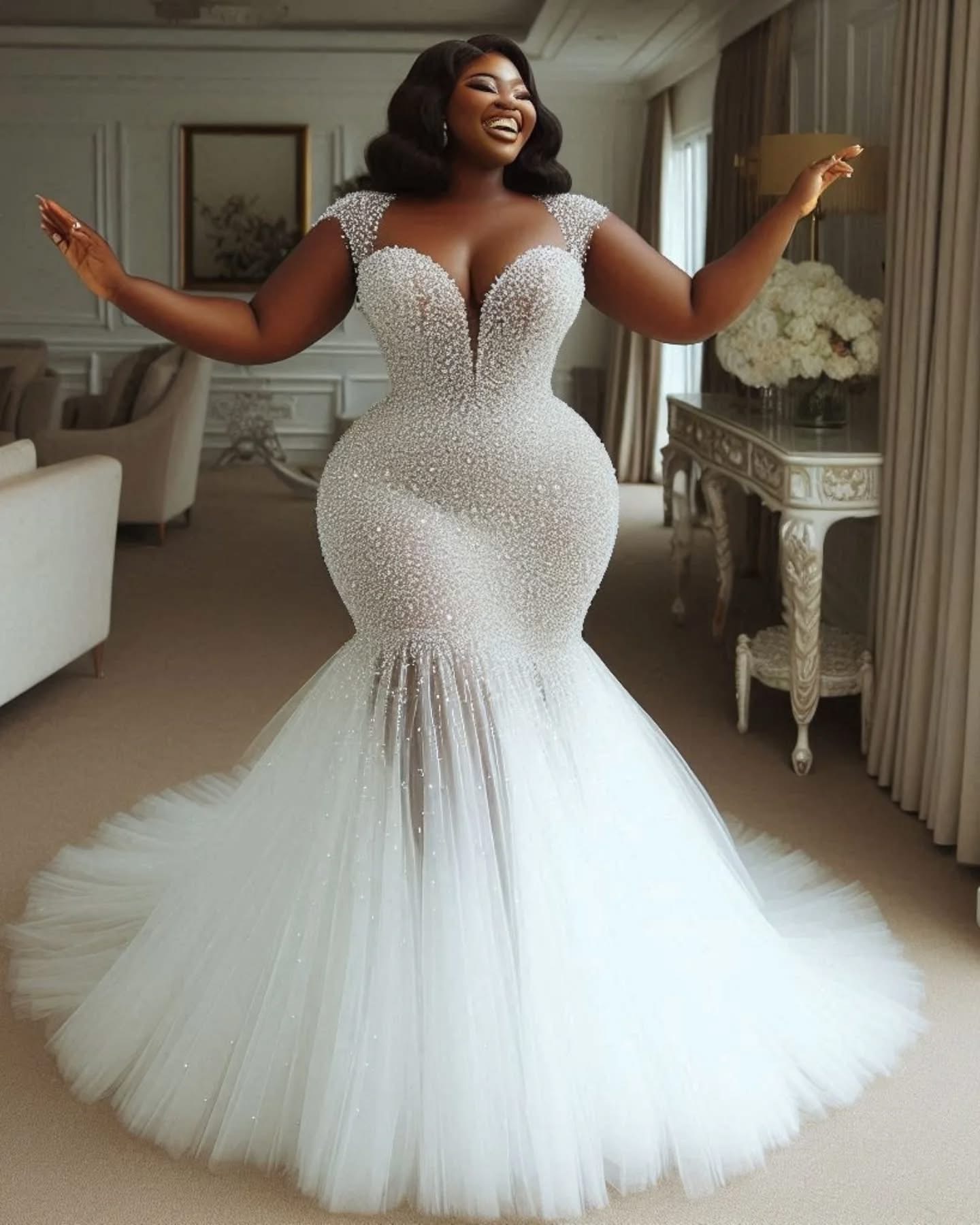 2025 Oversize Aso Ebi Plus Size Ivory Wedding Dress Illusion Cap Sleeves Beaded Sequined Tulle Sparkly Bridal Gowns Dresses ZJ061