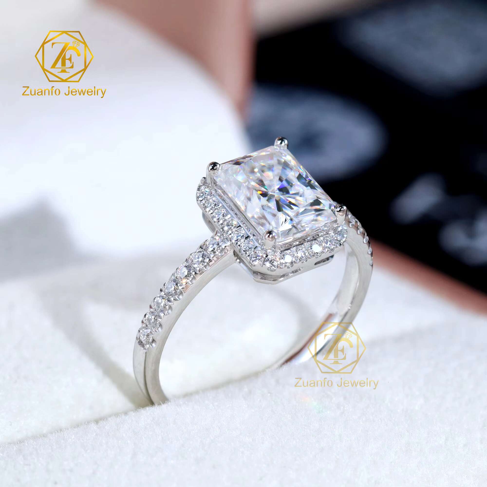 2ct Radiant Ice Crush Moissanite Halo Engagement Ring with Diamond Side Stone 14k White Gold for Women Fine Jewelry