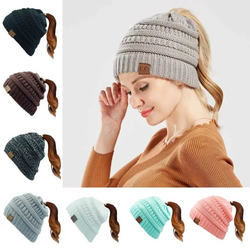 New Womens Ponytail Beanie Hat Cable Knit Soft Warm Winter Hats Multi-Color Stretch Messy Bun Beanie Birthday GiftsXJ251129