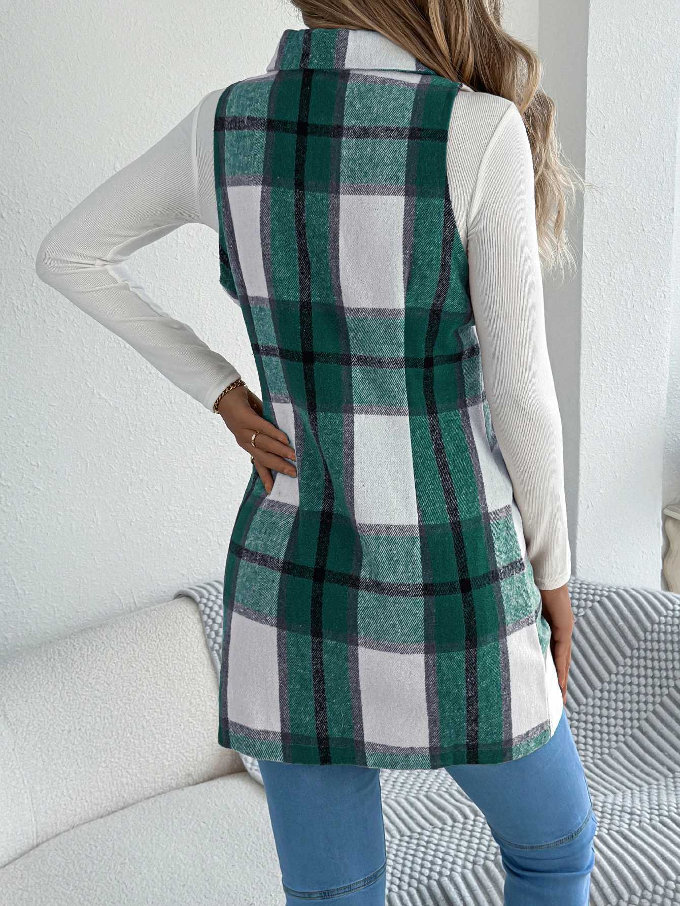 Women Blazer Lapel Double Breasted Plaid Vest Sleeveless Pocket Detail Fall Winter GetawayT251129
