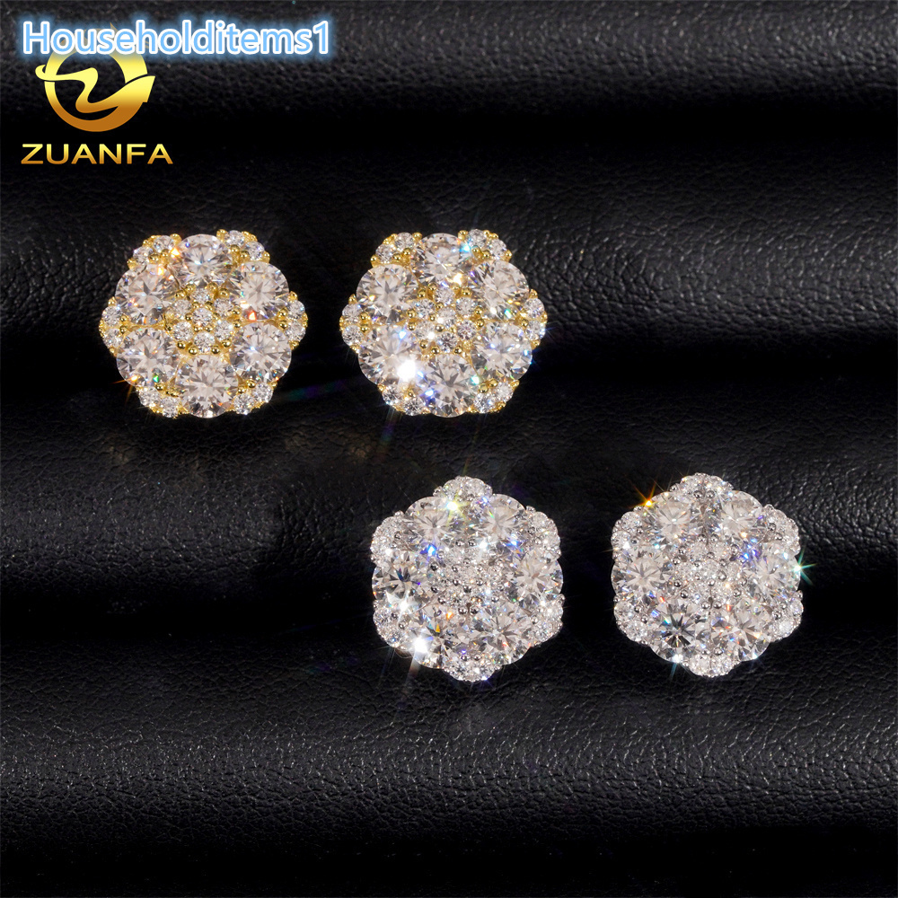 Hip Hop 14K Real White Gold Round Lab Diamond Cluster Flower Earrings EverLasting Gift for Women Men Fine Jewelry