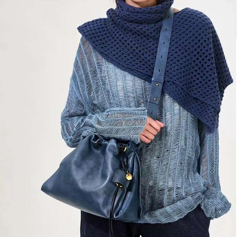 Drawstring Tote Light Brand New High-quality Leather Simple Advanced Versatile Women's Handbag Shoulder Messenger Bag