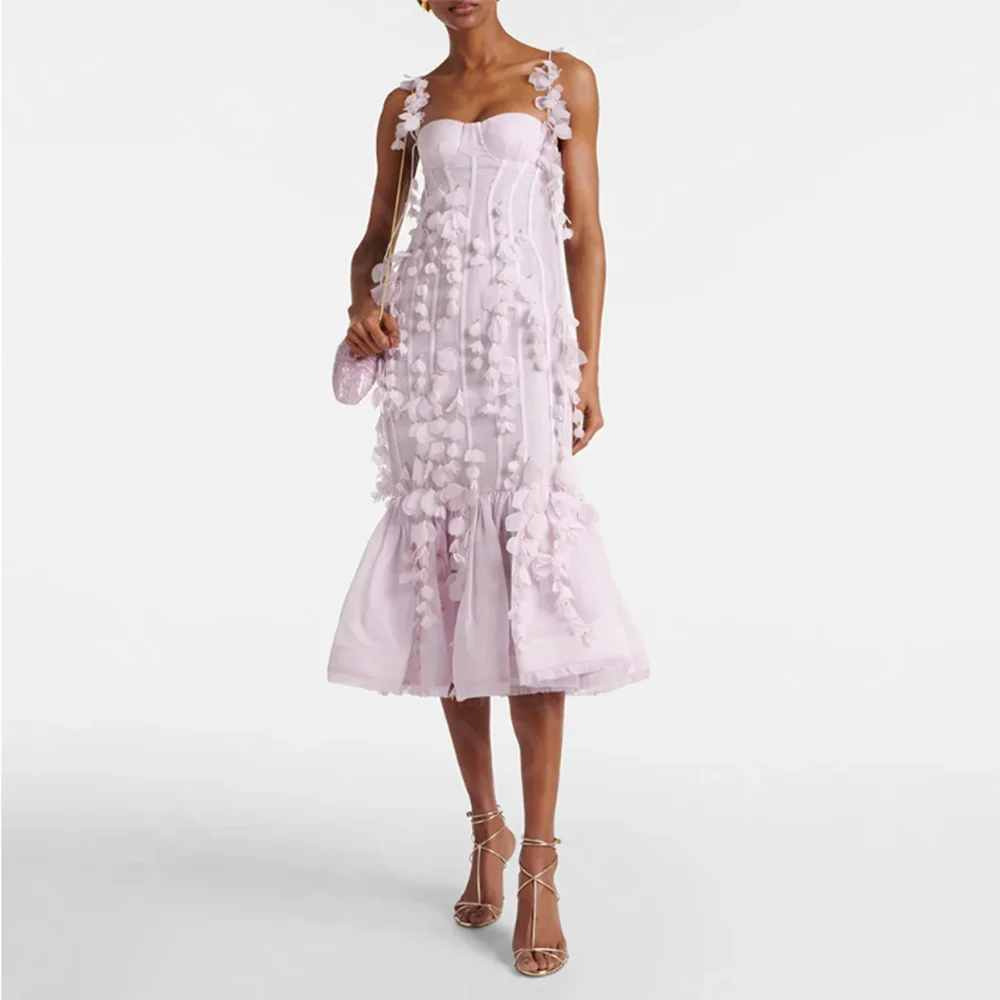 Smart Elegant Pink Women Prom Dresses Sweet Spaghetti Strap Sweetheart Tea Length Classy Flowers Female Party Gowns