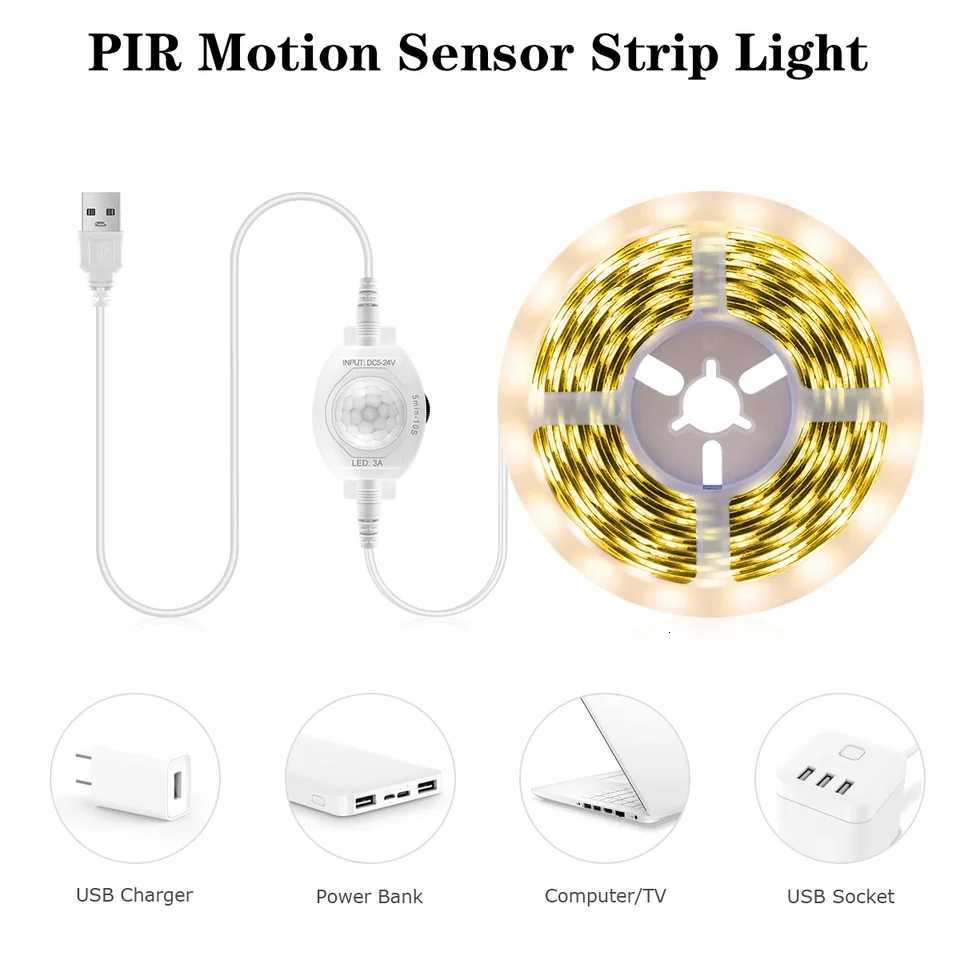 5V USB Powered LED Strip Light With PIR Motion Sensor Delay Time Adjustable Auto ON/OFF For Cabinet Bedside Closet Night Lightin M251129