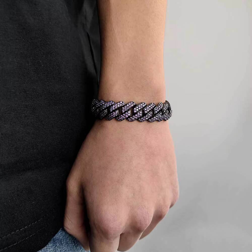 Hip Hop Jewelry 15mm Purple Diamond Cuban Link Chain Setting AAA Cubic Zirconia Prong Cuban Chain Bracelet