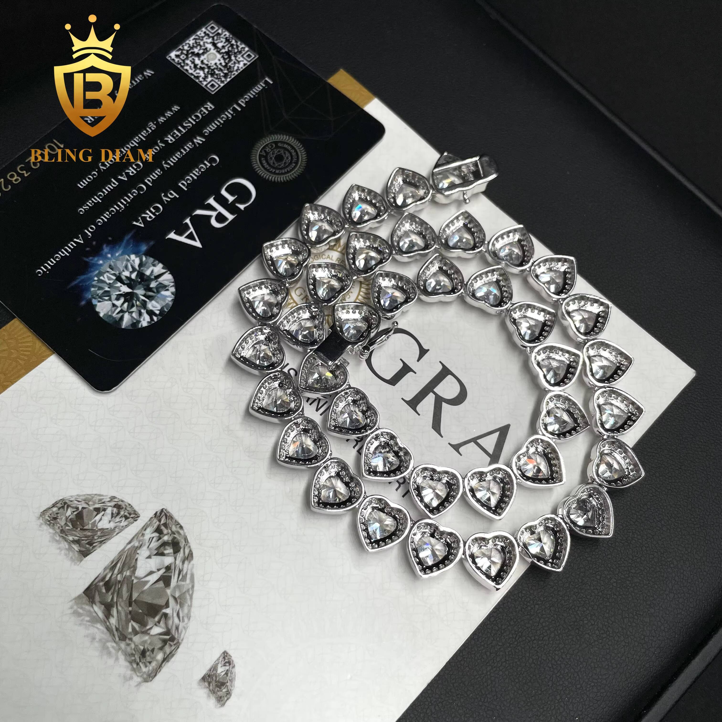 Fashion Jewelry Hip Hop Rapeer Heart Design Chain 10mm Iced Out Diamond Clustered Heart Cut Tennis Chain Necklace