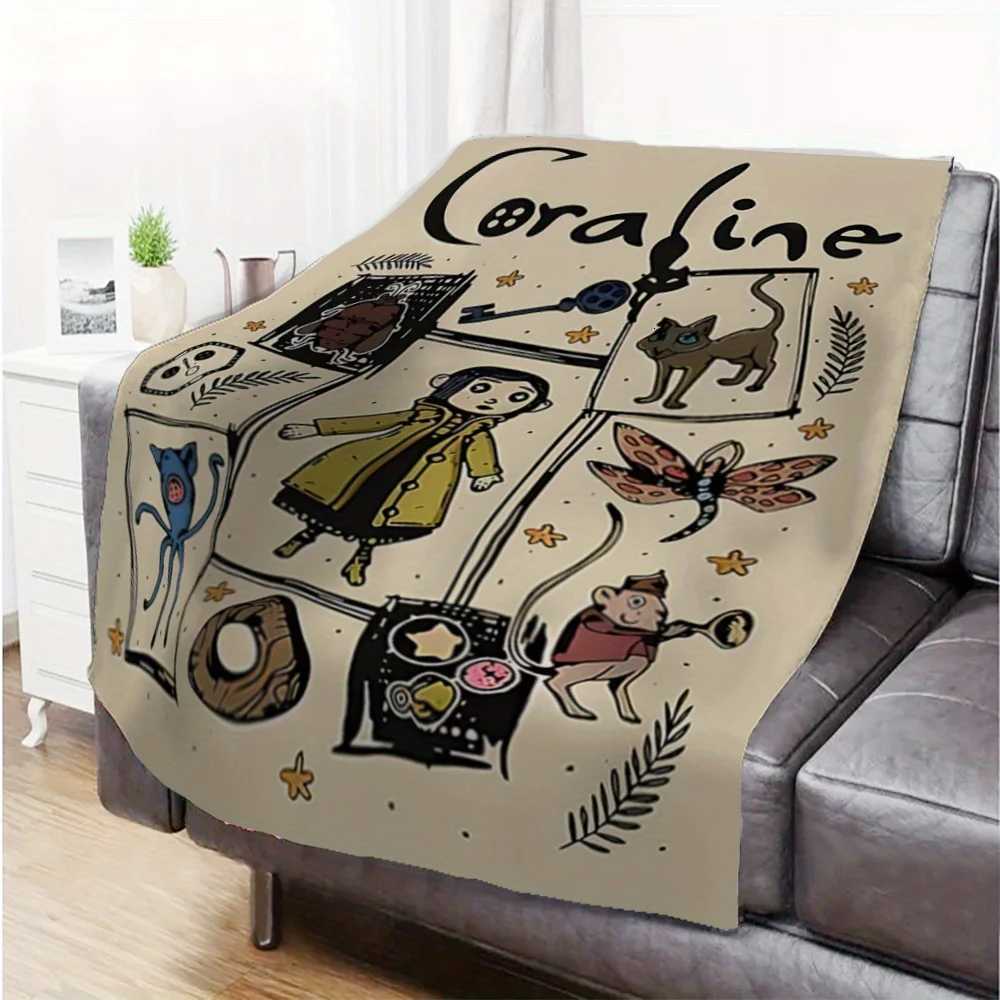 Coraline Style Flannel Throw Blanket - Digital Printed Cartoon Animal Collage Polyester Knit Four Seasons Comfort Plush BlanketW251129
