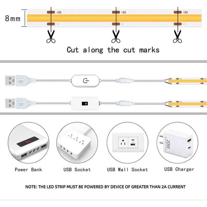 1m-5m USB COB LED Strip Light 5V 320LEDs/m DIY TV Mirror Backlight Flexible Ribbon Tape Touch Sensor Dimmable Kitchen Room Lamp M251129