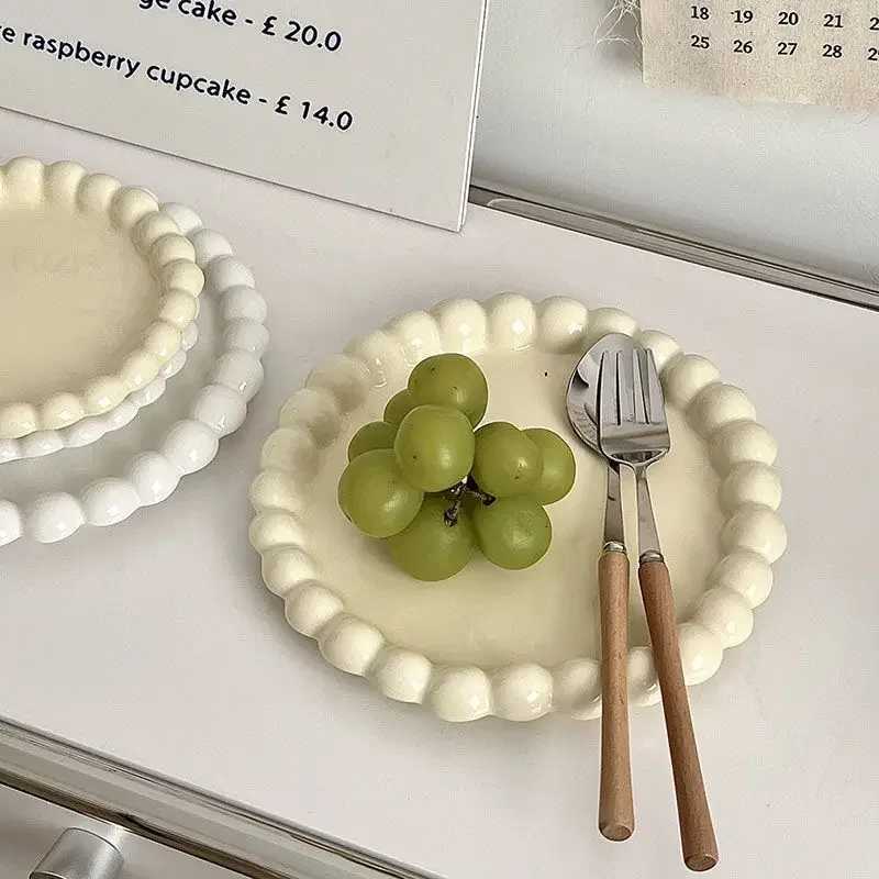 Luxury Ins Ceramic Plate Bead Ordering Plate Milk Whisper Korean Wind Bead Edge Dessert Plate Breakfast Dish He Tableware Y251129