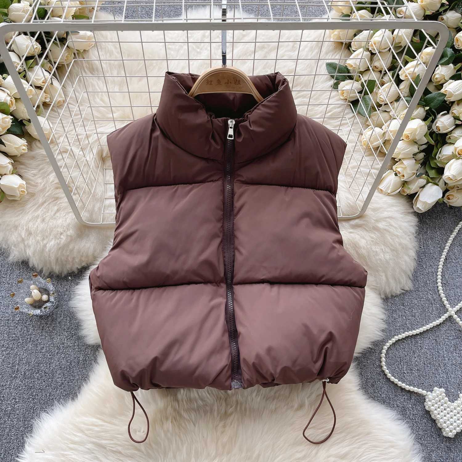 Womens Vest Autumn Winter New Simple Versatile Stand Collar Zipper Drawstring Slim Waistcoat Thickened Warm Cotton CoatT251129