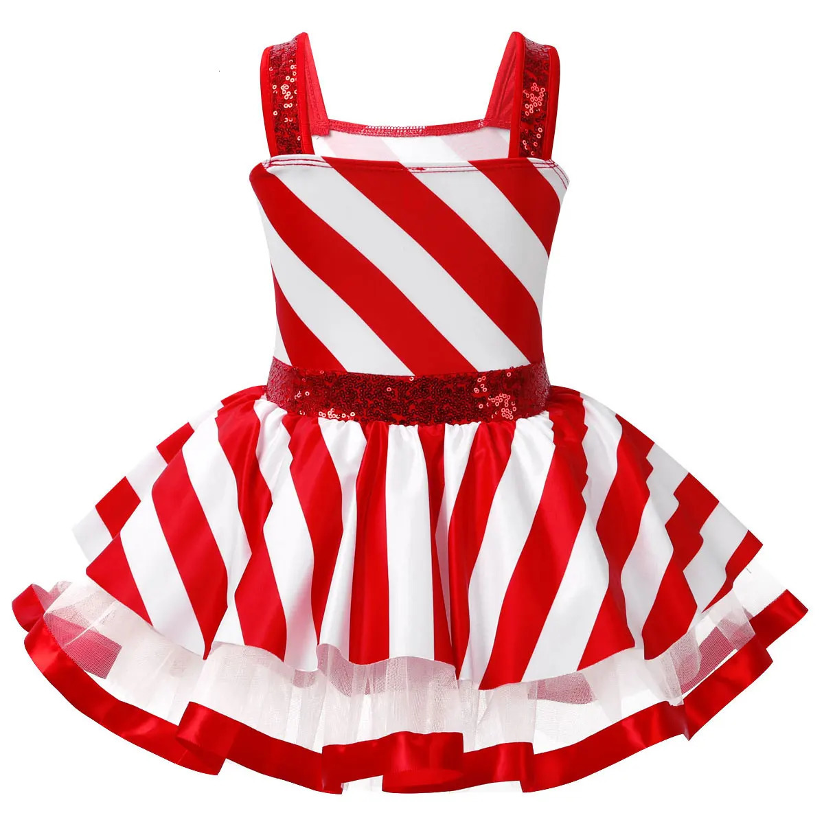 Kids Girls Candy Cane Mrs Santa Claus Costume Shiny Sequins Christmas Dance Figure Ice Skating Tutu Dress Leotard Dancewear 251128