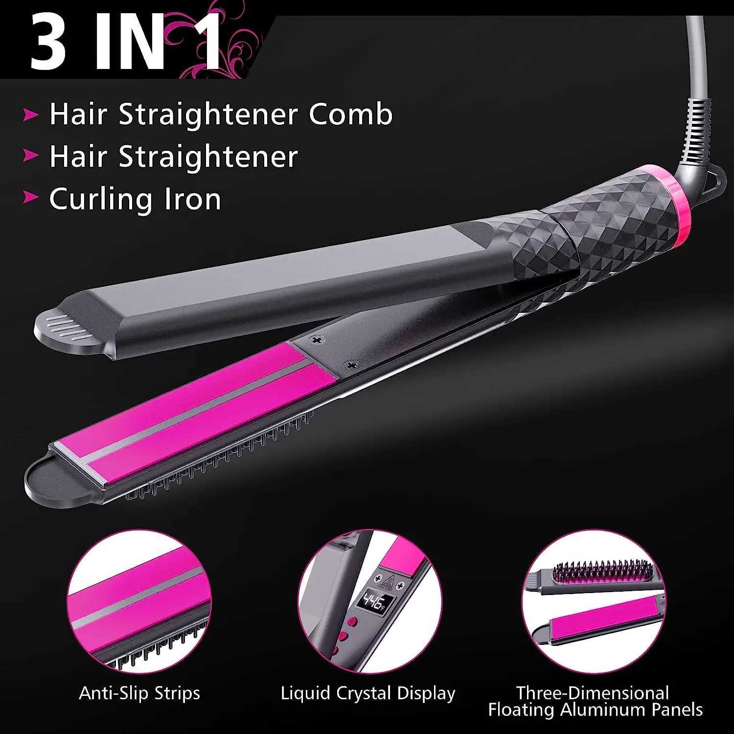 Womens 3-in-1 Hair Straightener Curling Flat Iron Electric Hot Comb Ceramic Ionic Fast Heating Hair BrushT251129