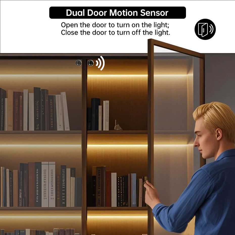 Dual Door Motion Sensor Control with 24V LED COB Strip Light for Kitchen Cabinets Wardrobes Pantry Showcase Closet Collection M251129