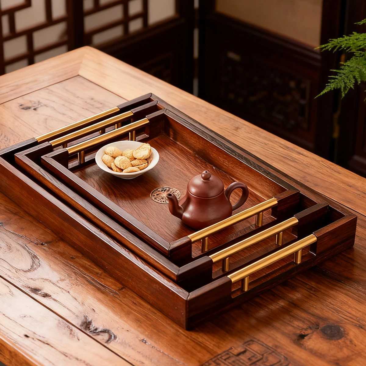 Rustic Solid Wood Rectangle Ottoman Tray with Gold Handles - Durable Home Decor Food Tray for Coffee Table Kitchen 177x118 Y251129