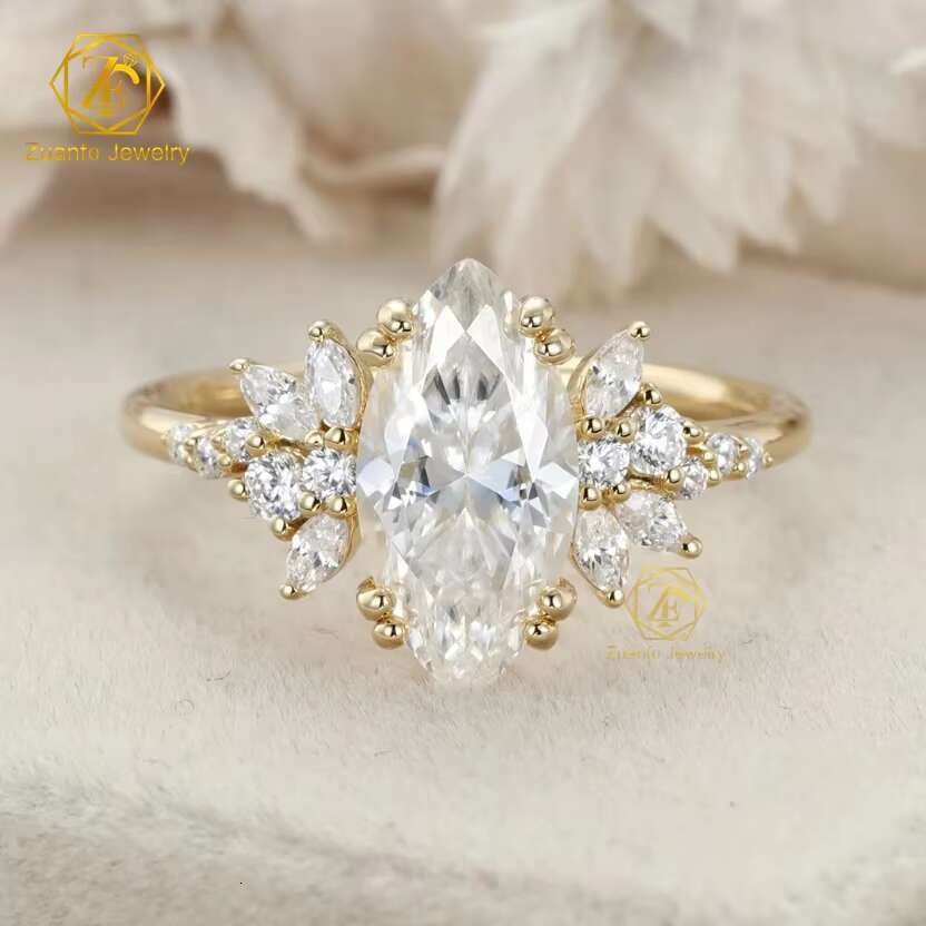 2 ct Marquise Moissanite Engagement Ring Unique Cluster 14K 18K Solid Gold Wedding Band Gemstone Rings for Anniversary