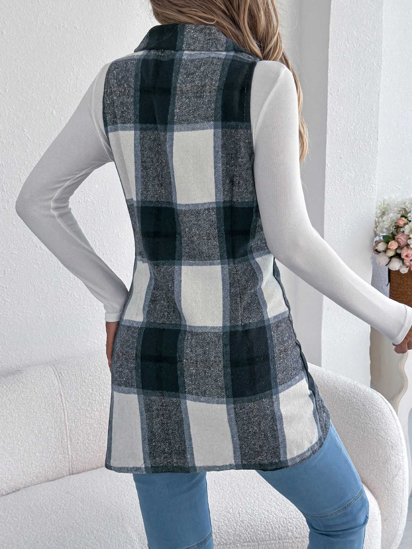 Women Blazer Lapel Double Breasted Plaid Vest Sleeveless Pocket Detail Fall Winter GetawayT251129