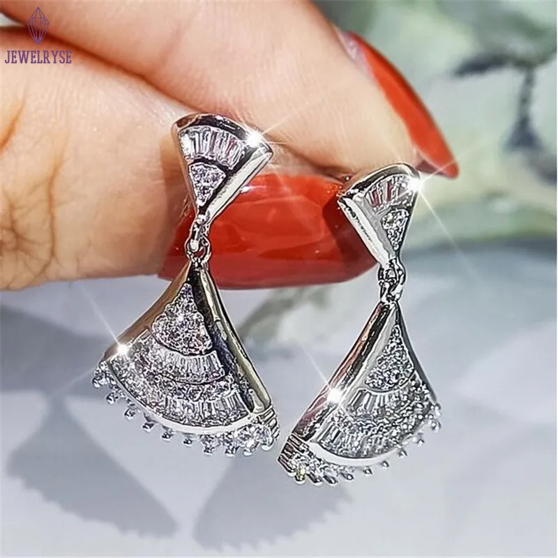 Top Sell Luxury Jewelry Set 925 Sterling Silver Full Princess Cut White Topaz CZ Diamond Skirt Clavicle Necklace Dangle Earring Women Wedding Open Rin