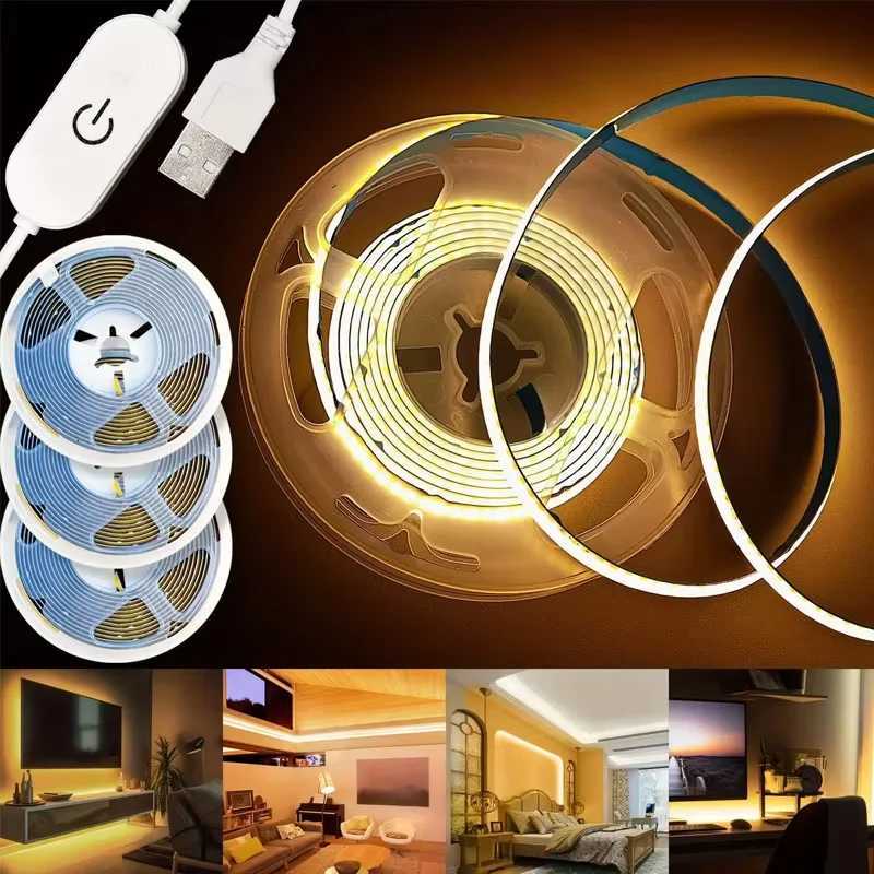 1m-5m USB COB LED Strip Light 5V 320LEDs/m DIY TV Mirror Backlight Flexible Ribbon Tape Touch Sensor Dimmable Kitchen Room Lamp M251129
