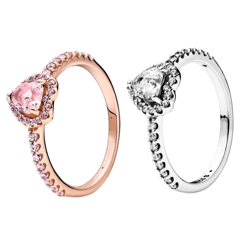Rose gold Pink stone Elevated Heart Rings with Retail Box Real 925 Silver CZ diamond Women Wedding Nail Love Engagement Promise Ring Factory wholesale