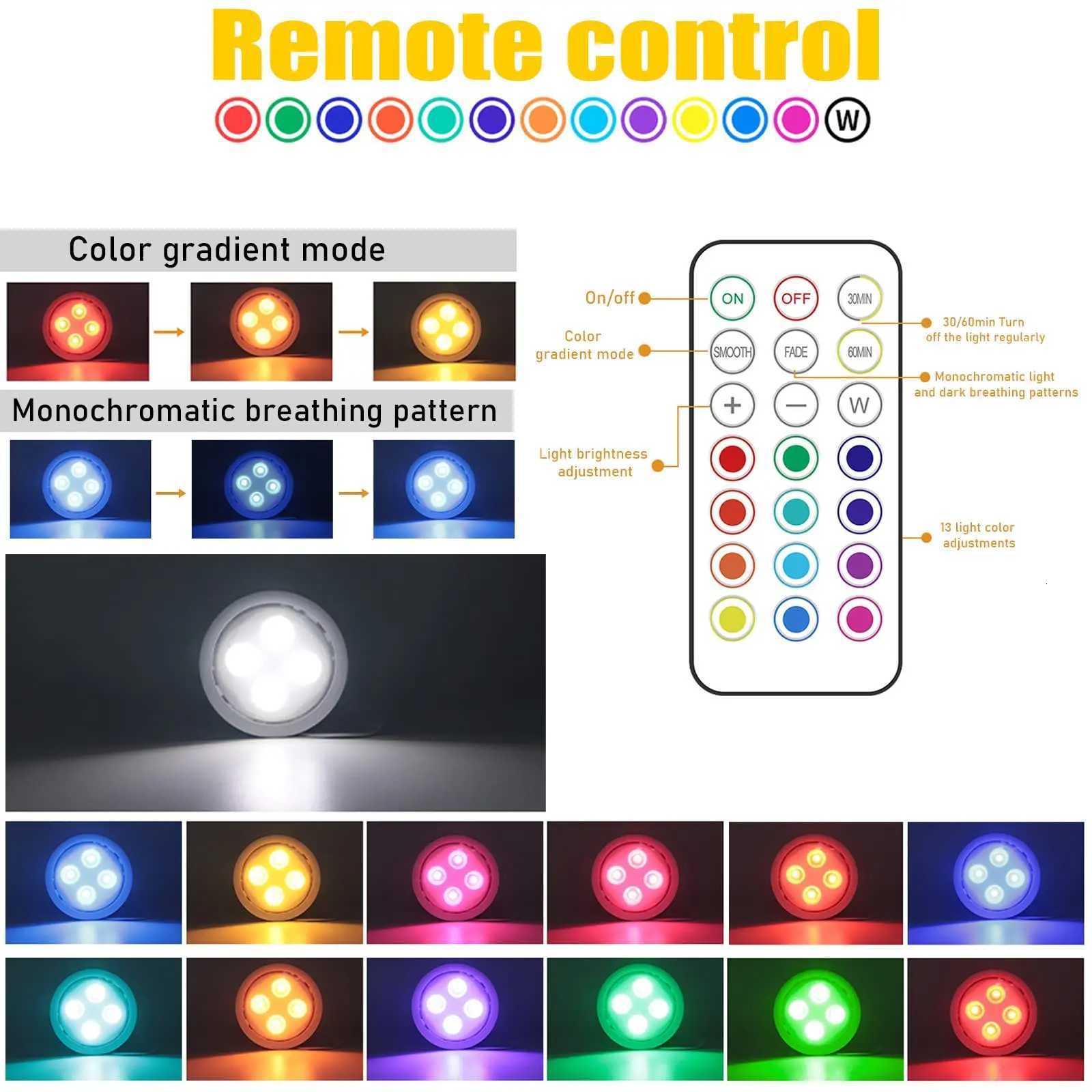 1-5Pcs Wireless Under Cabinet LED Lights For Kitchen RGB Color Changing Puck Night Light Remote Control Closet Lamp Battery M251129