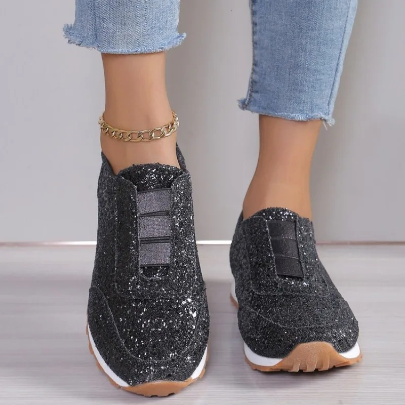 Autumn Fashion Slip-on Low-heeled Womens Sneakers Gold Silver Trend Sport Shoes Ladies Outdoor Casual Walking Shoes 251128