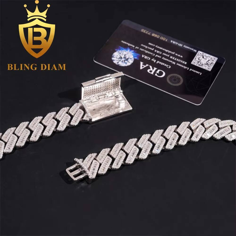 Hot Sale 18mm Mens Iced Out Miami Hip Hop Chain Necklace 925 Sterling Silver Cubic Moissanite Baguette Cut Cuban Link Chain GRA