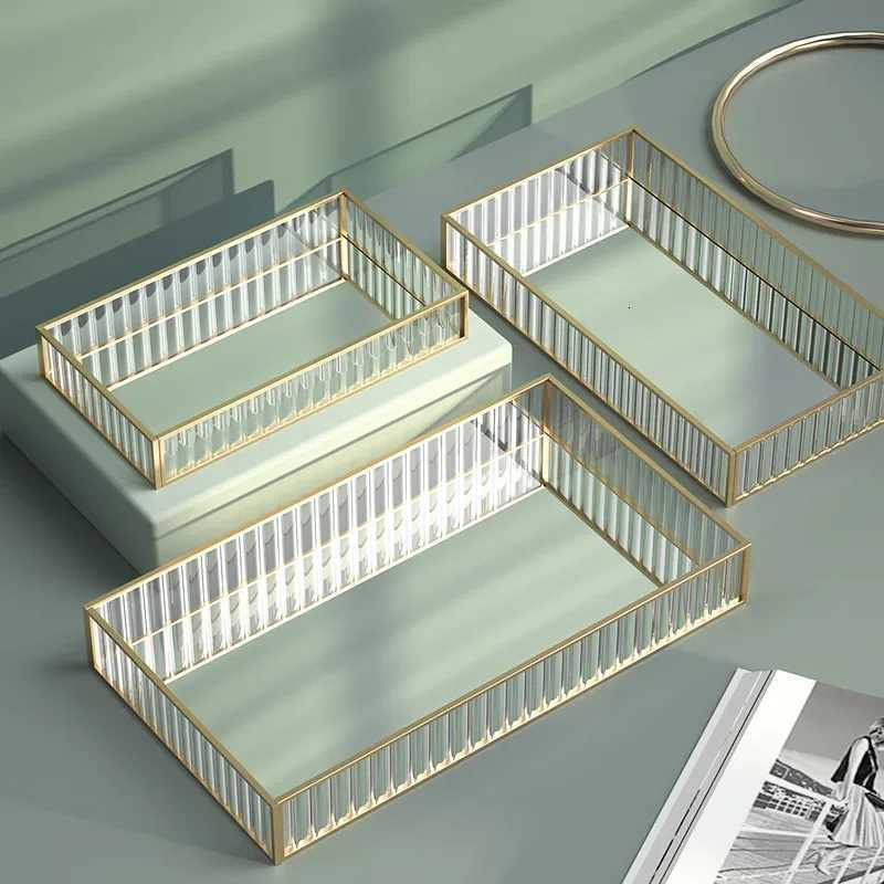 Makeup Storage Tray Glass Transparent Cosmetic Organizer Metal Perfume Lipstick Stand Rectangle Dresser Decoration Tray for Home Y251129