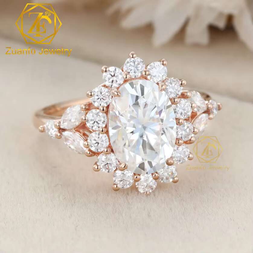 Luxury Vintage Cluster Ring 2.5 ct Oval Cut Moissanite 14K 18K Rose Gold Moissanite Ring for Engagement or Anniversary
