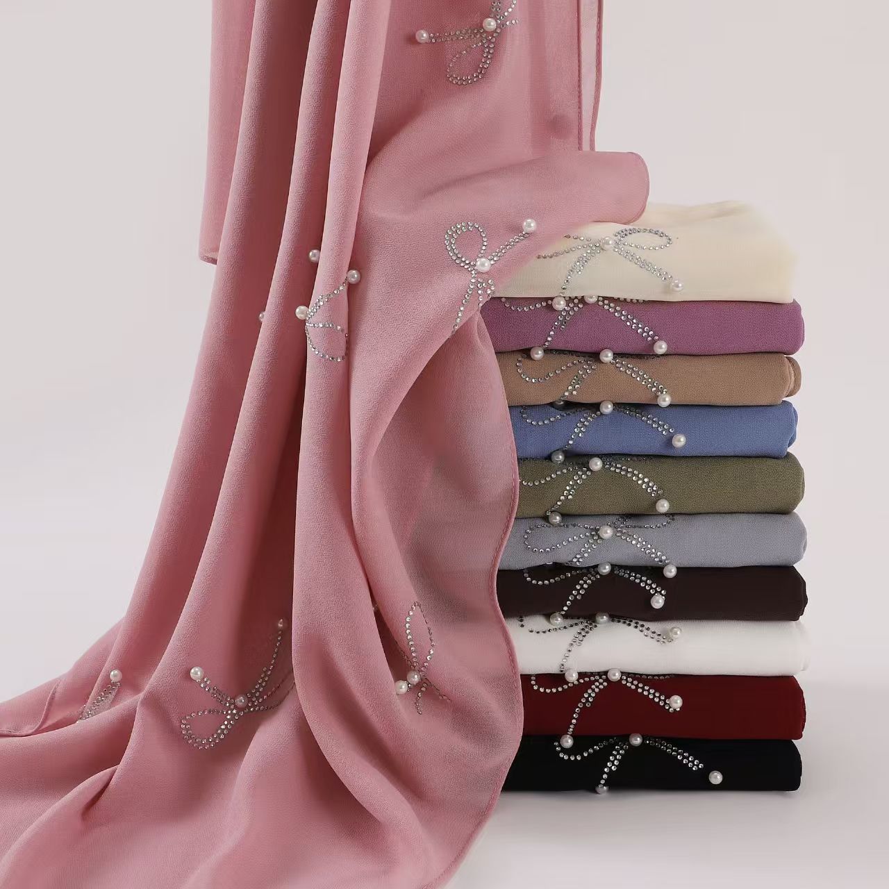 T589 new pearl chiffon bow hot diamond nail bead long scarf Hui ethnic scarf small fresh female