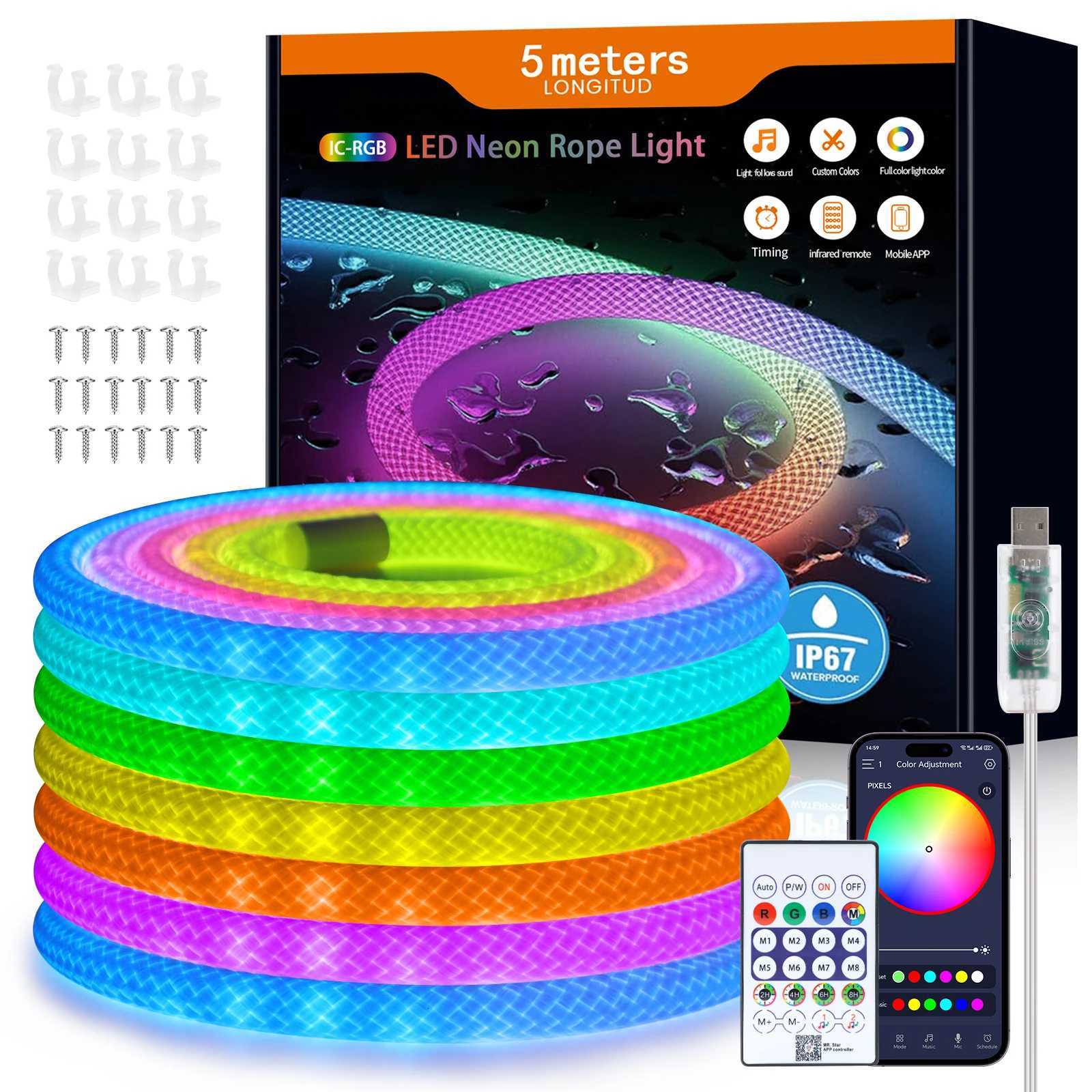 360 Glow Round RGB Neon LED Woven Strip Light 24key Bluetooth APP Remote Control 5V USB WS2812B Music Sync Waterproof Rope Decor M251129