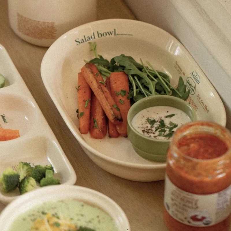 Luxury Ceramic Plate Set Oval Plates Korean Simple Letter Printing Breakfast Fat-reducing Meal Dishes Three-plate Kitchen Tableware Set Y251129