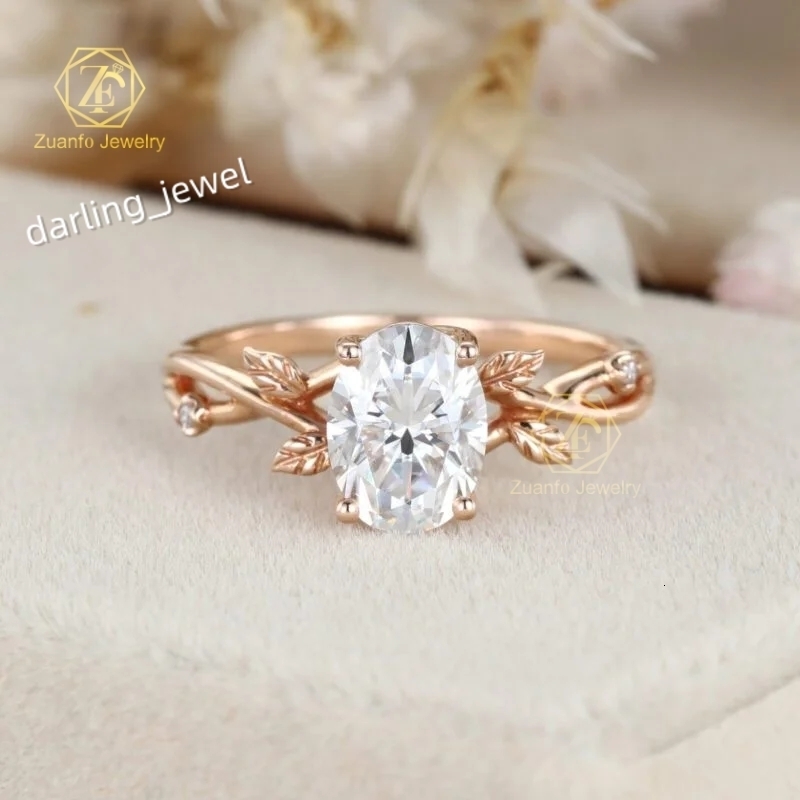 Custom Leaf Style 10K 14K 18K Real Rose Gold Gra Certified 1.5 ct 6x8mm Oval Moissanite Engagement Wedding Ring for Women