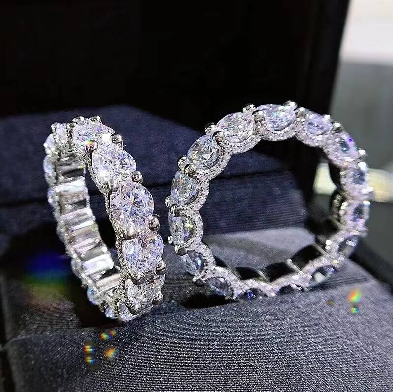 Round 5A Cubic Zirconia Iced Out Bling Halo Design Full CZ Eternity Band Ring HipHop Style Brass for Wedding and Party